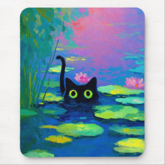 Funny Black Cat Swimming in Pond | Quirky Art Mouse Mat