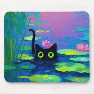 Funny Black Cat Swimming in Pond   Quirky Art Mouse Mat
