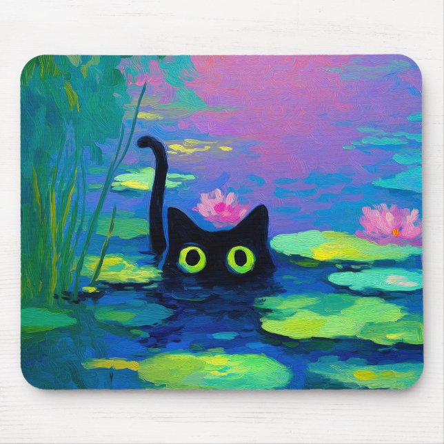 Funny Black Cat Swimming in Pond | Quirky Art Mouse Mat (Front)