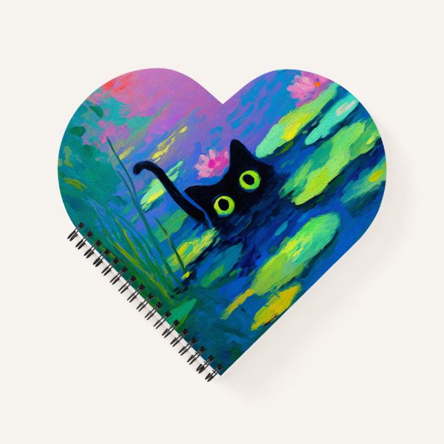 Funny Black Cat Swimming in Pond | Quirky Art Notebook (Front)