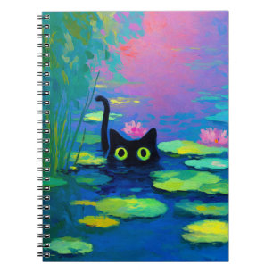 Funny Black Cat Swimming in Pond Quirky Art Notebook
