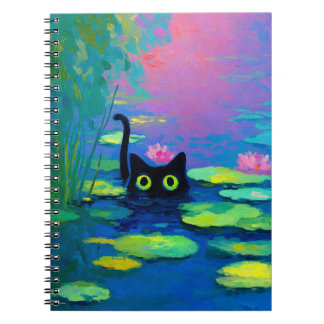 Funny Black Cat Swimming in Pond | Quirky Art Notebook