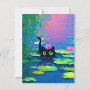 Funny Black Cat Swimming in Pond Quirky Art Postcard