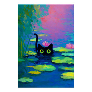 Funny Black Cat Swimming in Pond Quirky Art Poster