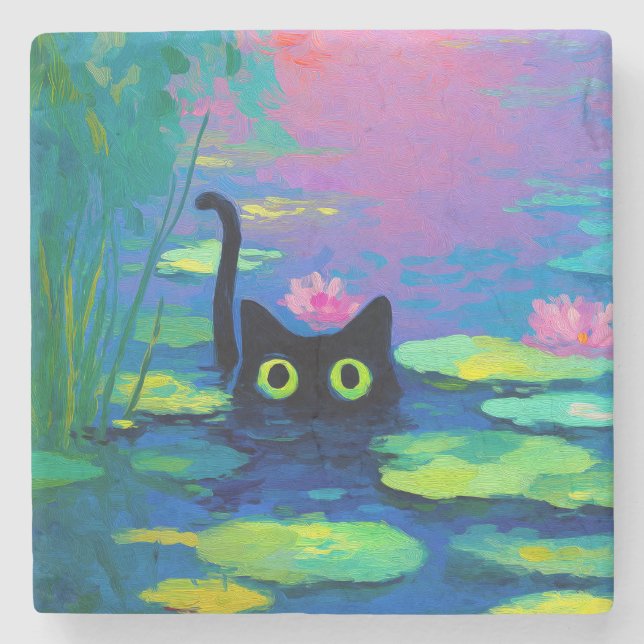 Funny Black Cat Swimming in Pond | Quirky Art Stone Coaster (Front)