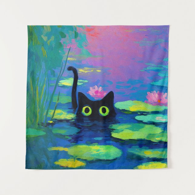 Funny Black Cat Swimming in Pond | Quirky Art Tapestry (Front)