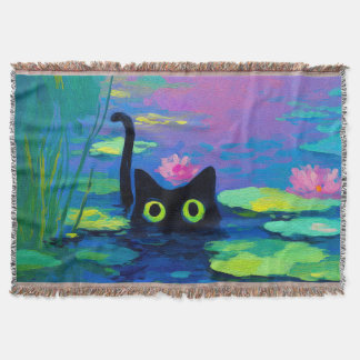 Funny Black Cat Swimming in Pond | Quirky Art Throw Blanket