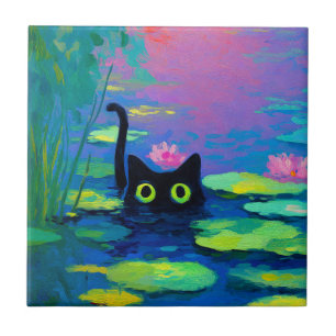 Funny Black Cat Swimming in Pond   Quirky Art Tile