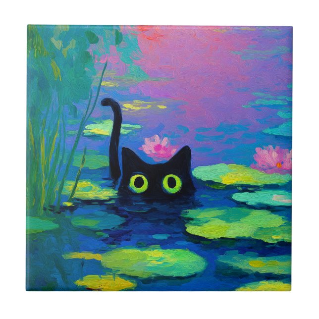 Funny Black Cat Swimming in Pond | Quirky Art Tile (Front)