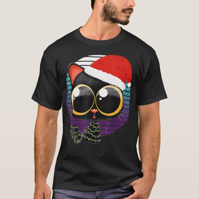 Funny Black Cat Tangled In Christmas Lights With S T-Shirt (Front)