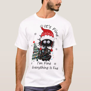 Funny Black Cat Tangled in Lights "It's Fine" Chri T-Shirt