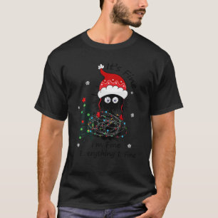 Funny Black Cat Tangled Up In Christmas Lights T-Shirt