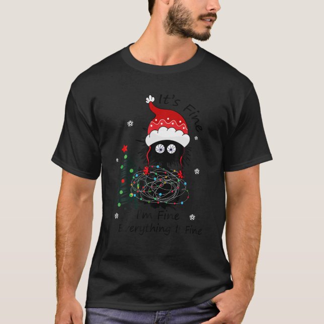 Funny Black Cat Tangled Up In Christmas Lights T-Shirt (Front)