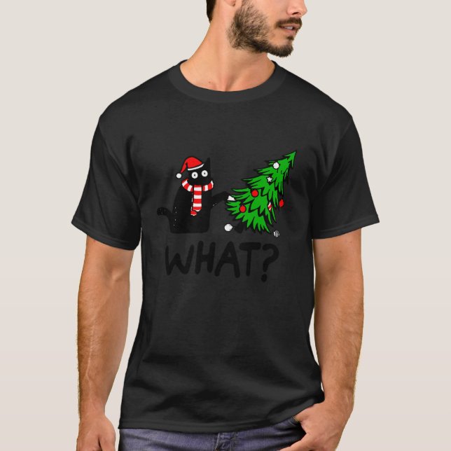 Funny Black Cat Tee Pushing Christmas Tree Over Ca (Front)