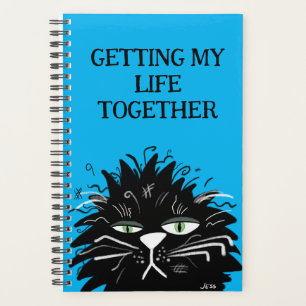 Funny Black Cat Tired Overworked  Planner