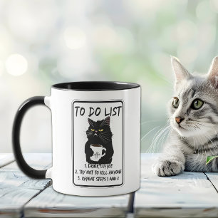 Funny Black Cat To Do List Monogram Mug