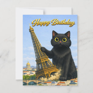 Funny Black Cat Topples the Eiffel Tower Birthday Thank You Card