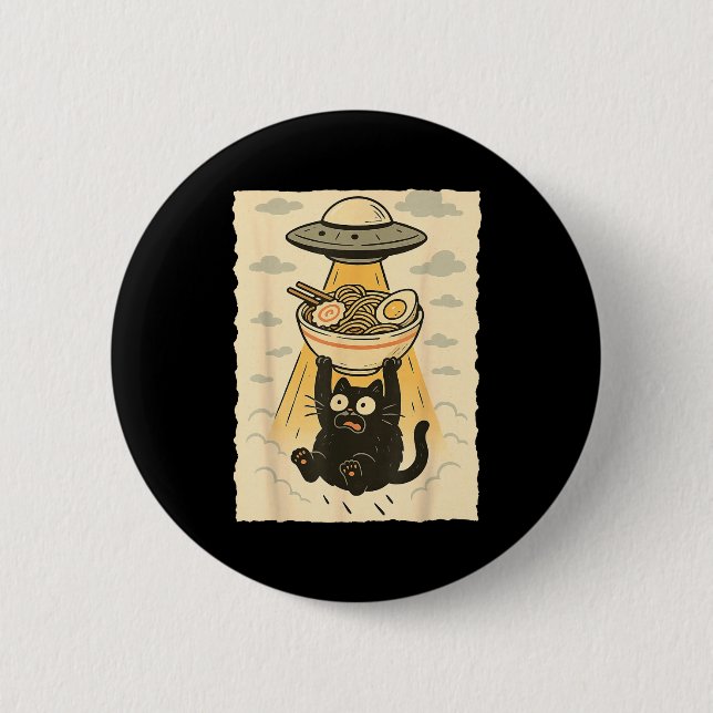 Funny Black Cat Ufo Ramen Alien Abduction Graphic  6 Cm Round Badge (Front)