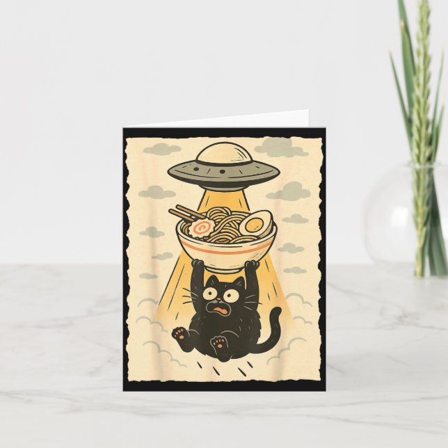Funny Black Cat Ufo Ramen Alien Abduction Graphic  Card (Front)