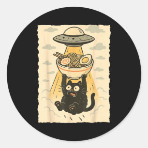 Funny Black Cat Ufo Ramen Alien Abduction Graphic  Classic Round Sticker