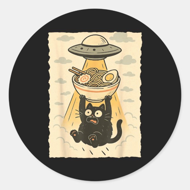 Funny Black Cat Ufo Ramen Alien Abduction Graphic  Classic Round Sticker (Front)