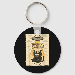 Funny Black Cat Ufo Ramen Alien Abduction Graphic Key Ring
