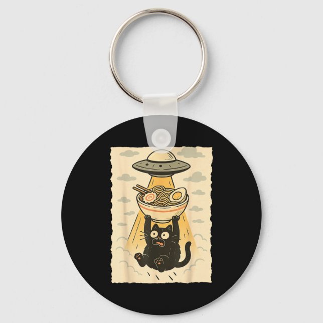 Funny Black Cat Ufo Ramen Alien Abduction Graphic  Key Ring (Front)