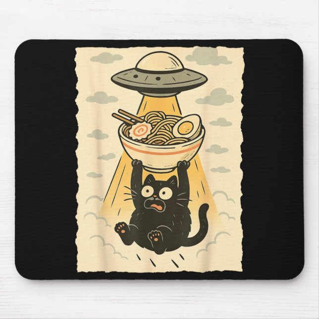 Funny Black Cat Ufo Ramen Alien Abduction Graphic  Mouse Mat (Front)