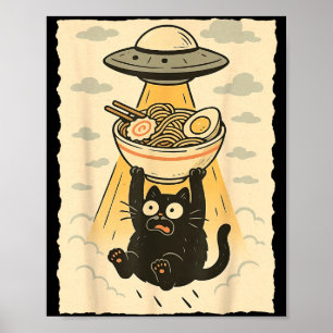 Funny Black Cat Ufo Ramen Alien Abduction Graphic Poster