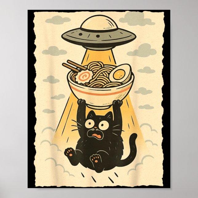 Funny Black Cat Ufo Ramen Alien Abduction Graphic  Poster (Front)