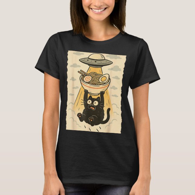 Funny Black Cat Ufo Ramen Alien Abduction Graphic  T-Shirt (Front)