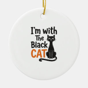 Funny Black Cat Vintage Engraving Halloween Design Ceramic Tree Decoration