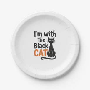 Funny Black Cat Vintage Engraving Halloween Design Paper Plate
