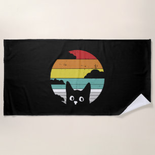 Funny Black Cat Vintage Retro Sunset Design Beach Towel