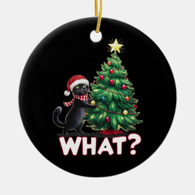 Funny Black Cat What Xmas Christmas Tree Ceramic Tree Decoration (Front)