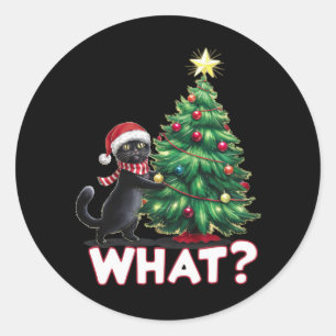 Funny Black Cat What Xmas Christmas Tree Classic Round Sticker