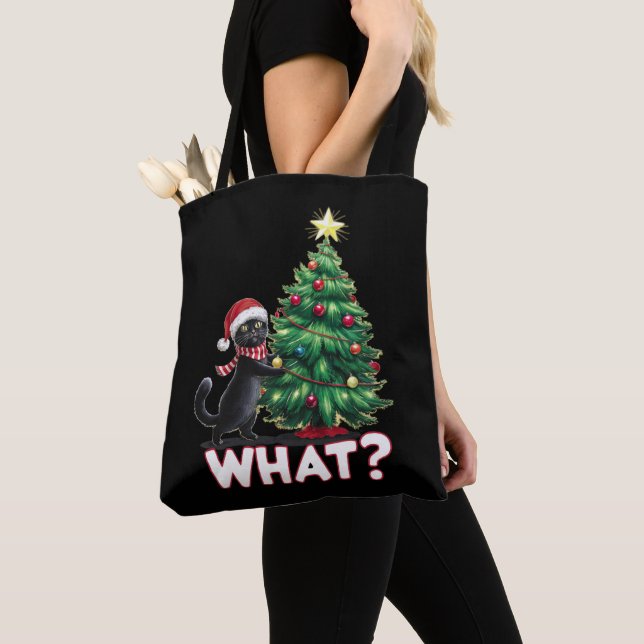Funny Black Cat What Xmas Christmas Tree Tote Bag (Close Up)