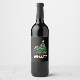 Funny Black Cat What Xmas Christmas Tree Wine Label
