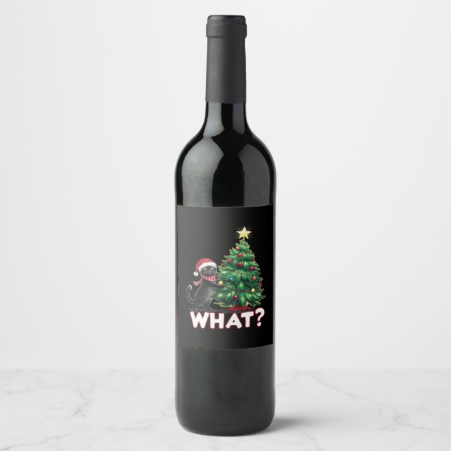 Funny Black Cat What Xmas Christmas Tree Wine Label (Front)