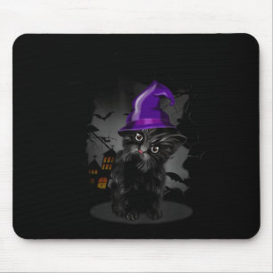 Funny Black Cat Witch Hat For Halloween Mouse Mat