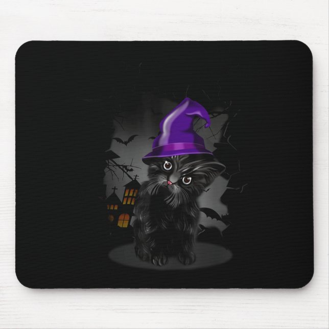 Funny Black Cat Witch Hat For Halloween Mouse Mat (Front)