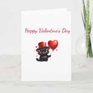 Funny Black Cat With Balloons Valentine's Day Card