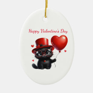 Funny Black Cat With Balloons Valentine's Day Ceramic Tree Decoration