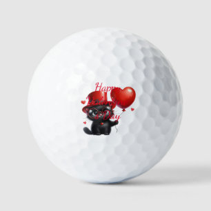 Funny Black Cat With Balloons Valentine's Day Golf Balls