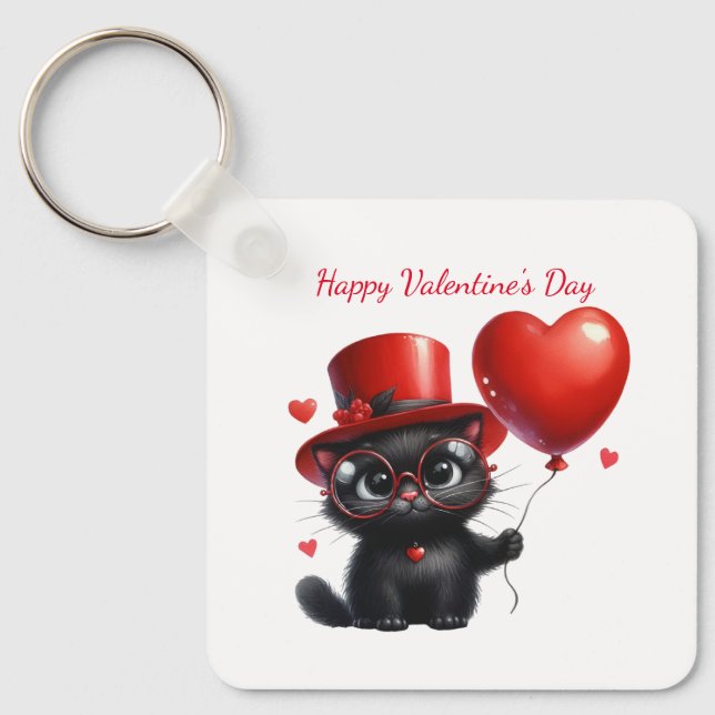 Funny Black Cat With Balloons Valentine's Day Key Ring (Front)