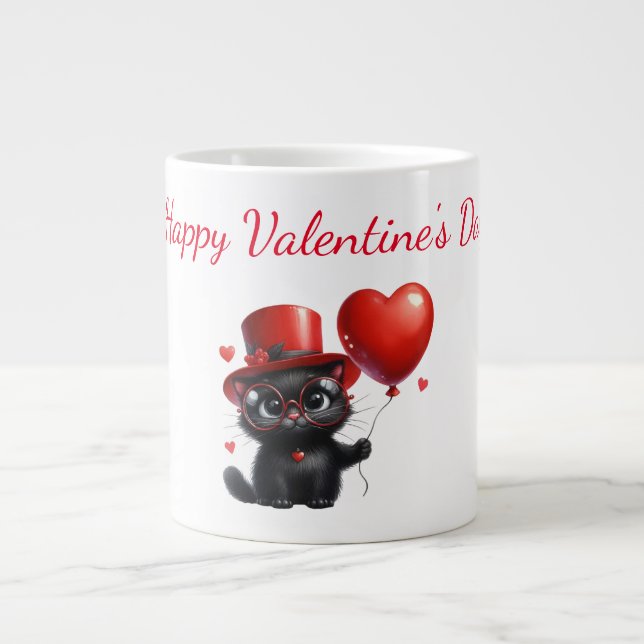 Funny Black Cat With Balloons Valentine's Day Large Coffee Mug (Front)