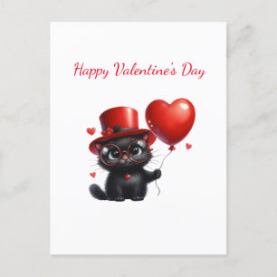 Funny Black Cat With Balloons Valentine's Day Postcard