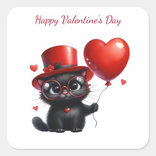 Funny Black Cat With Balloons Valentine's Day Square Sticker (Front)