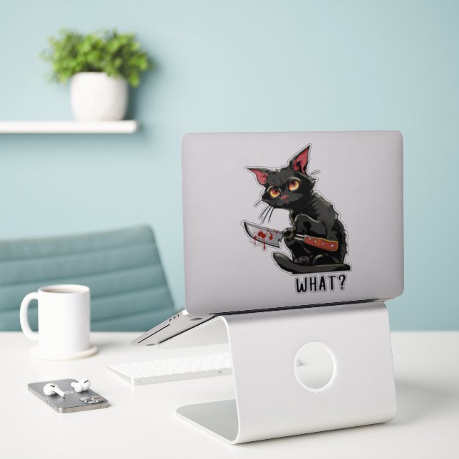 Funny Black Cat with Bloody Knife: What? (Laptop On Desk)