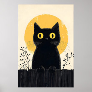 Funny Black cat with Full Moon Poster